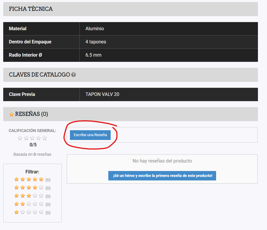 Sección de reseñas del producto